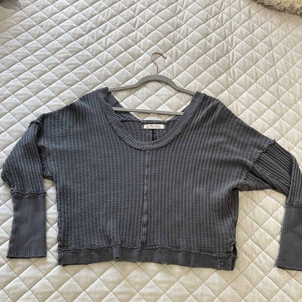 Free People Charcoal Waffle Knit Pullover